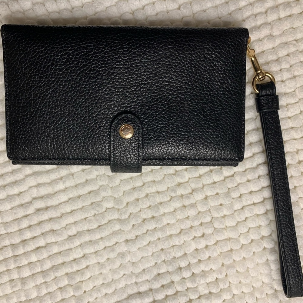 Coach black leather wallet with wrist strap